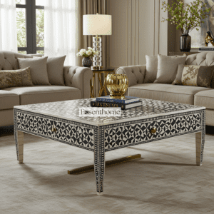 Handcrafted Bone Inlay Geometric Coffee Table in Black & Ivory
