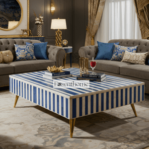 Bone Inlay Coffee Table – Blue Stripes & Gold Legs