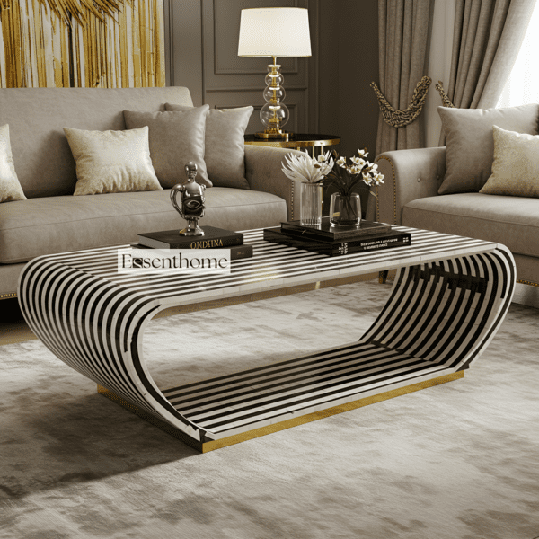 Black & White Striped Bone Inlay Coffee Table with Gold Accents