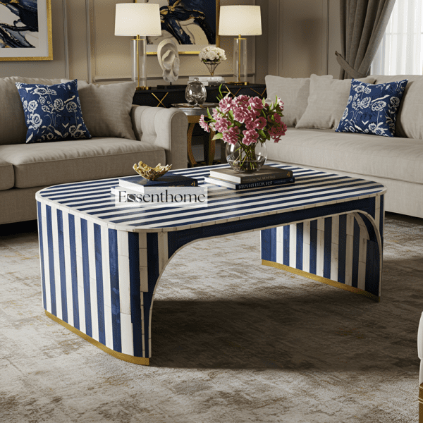 Blue & White Striped Bone Inlay Coffee Table with Arched Base