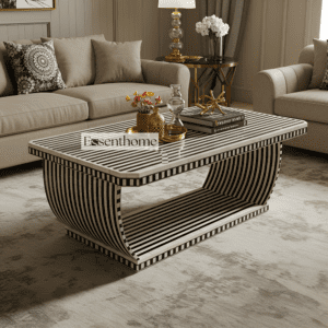 Curved Black And  White Bone Inlay Coffee Table