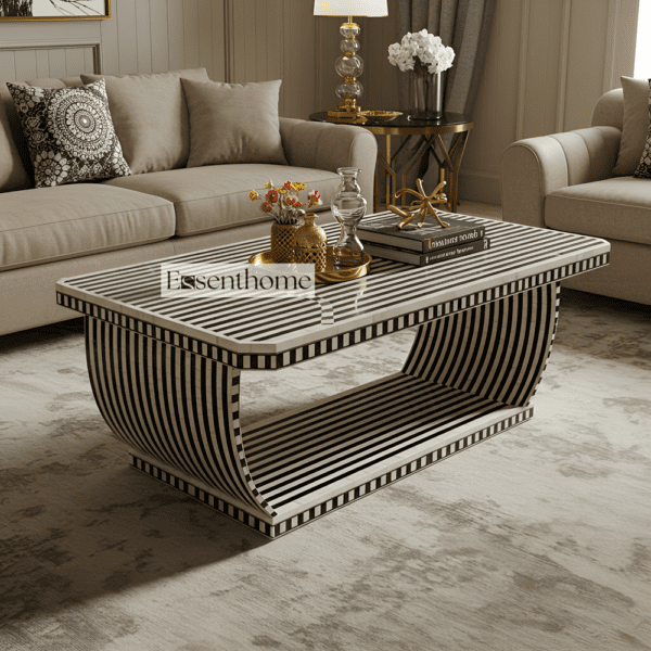 Sophisticated Curved Black & White Bone Inlay Coffee Table