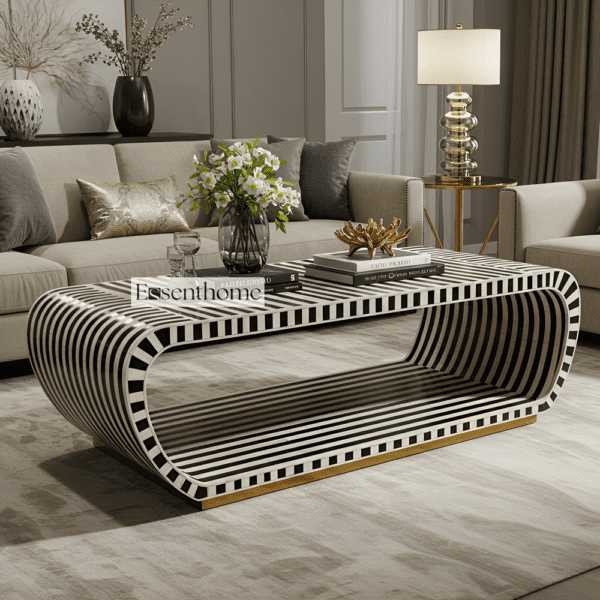 Modern Black & White Bone Inlay Coffee Table with Sculptural Design
