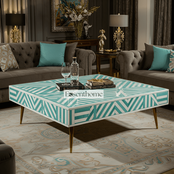 Turquoise & White Bone Inlay Coffee Table with Gold Accents