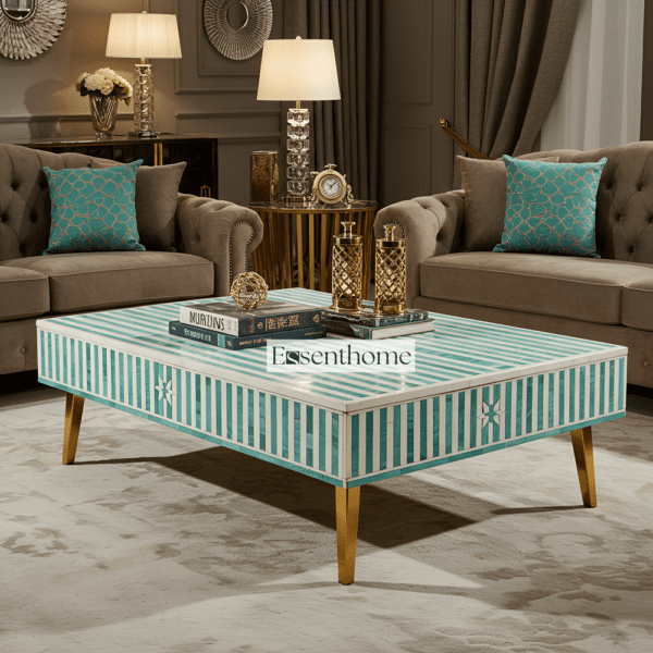 Turquoise & White Striped Bone Inlay Coffee Table with Gold Legs