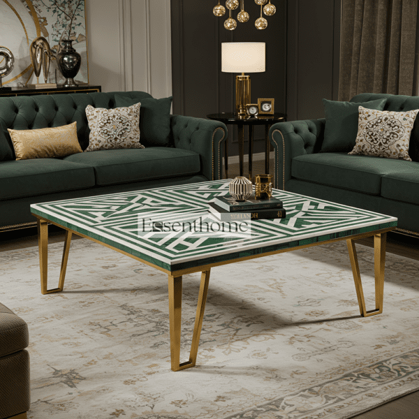 Emerald Green & White Geometric Bone Inlay Coffee Table with Gold Legs
