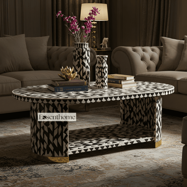 Handcrafted Bone Inlay Oval Coffee Table in Black & Ivory