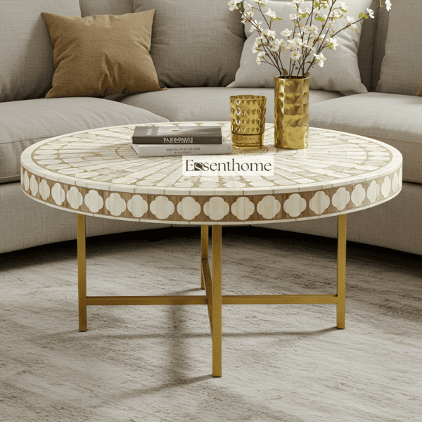 Ivory & Gold Bone Inlay Round Coffee Table