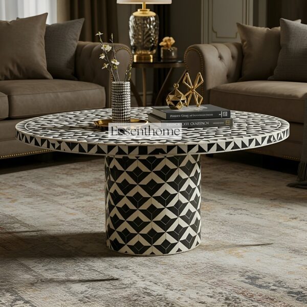 Handcrafted Bone Inlay Round Coffee Table in Black & Ivory