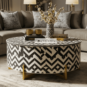 Bone Inlay Round Coffee Table with Gold Base