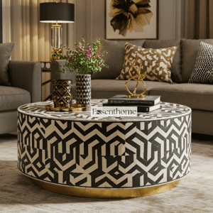 Handcrafted Bone Inlay Round Coffee Table with Gold Base