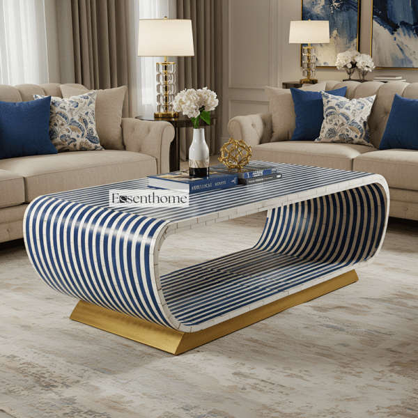 Modern Curved Bone Inlay Coffee Table with Blue Stripes