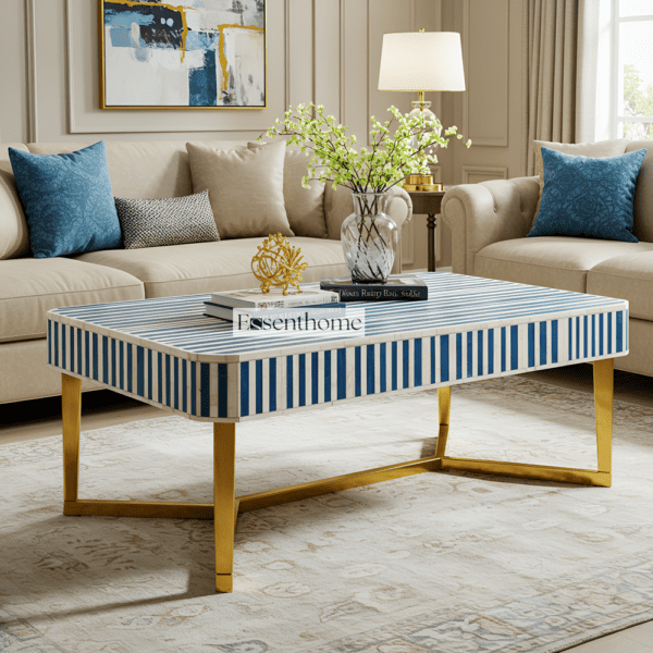 Modern Blue & White Striped Bone Inlay Coffee Table