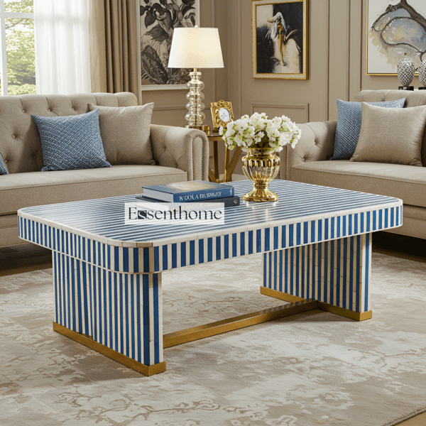 Elegant Blue & White Striped Bone Inlay Coffee Table