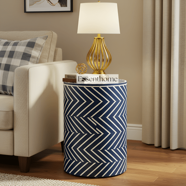 Navy Blue & White Chevron Bone Inlay End Table
