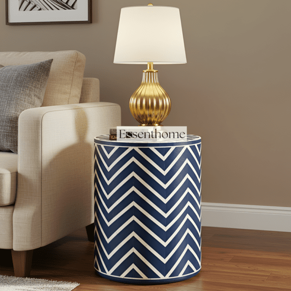 Bone Inlay End Table Navy Blue & White Chevron