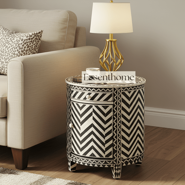 Handcrafted Black & White Chevron Bone Inlay End Table
