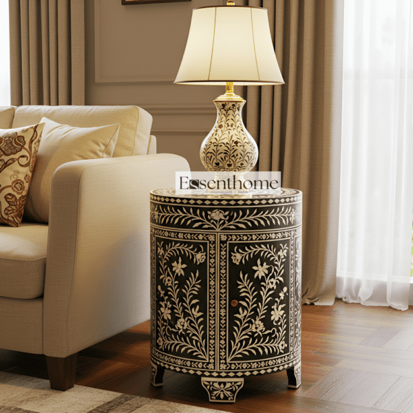 Elegant Black & White Floral Bone Inlay End Table