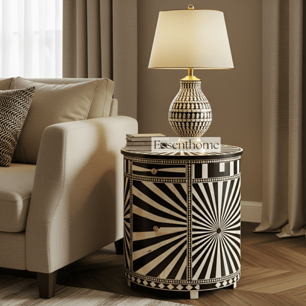 Handmade Bone Inlay Sunburst End Table
