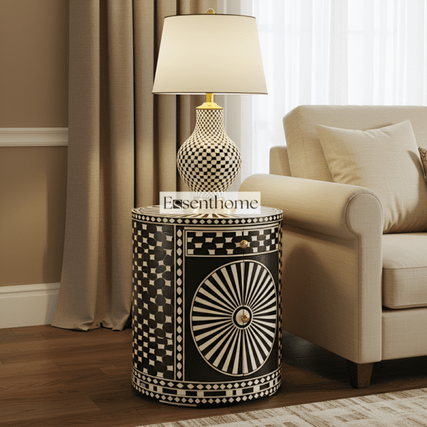 Black & White Bone Inlay Optical Illusion End Table
