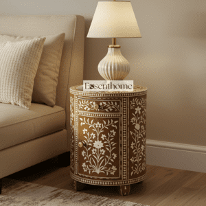Handcrafted Bone Inlay Floral End Table in Warm Wood Tone
