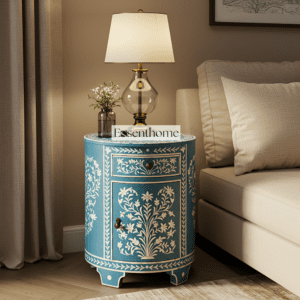 Handcrafted Bone Inlay Floral End Table in Serene Blue