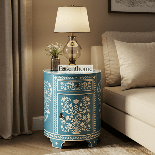 Handcrafted Bone Inlay Floral End Table in Serene Blue