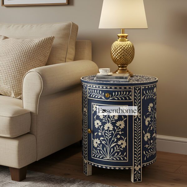 Handcrafted Bone Inlay Floral End Table in Deep Blue