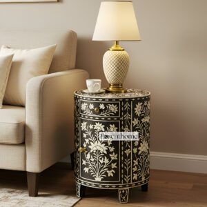 Handcrafted Bone Inlay Floral End Table in Black