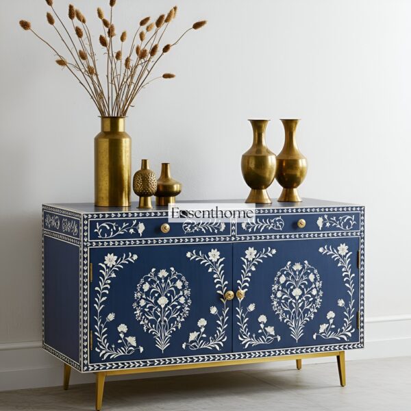Navy Blue Floral Bone Inlay Sideboard Handcrafted Elegance with Gold Accents