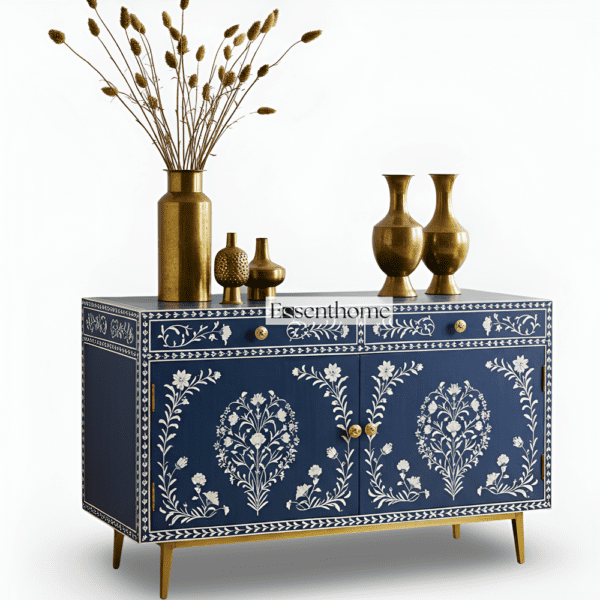 Navy Blue Floral Bone Inlay Sideboard Handcrafted Elegance with Gold Accents - Image 2