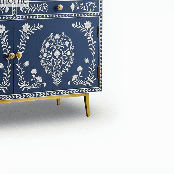 Navy Blue Floral Bone Inlay Sideboard Handcrafted Elegance with Gold Accents - Image 3