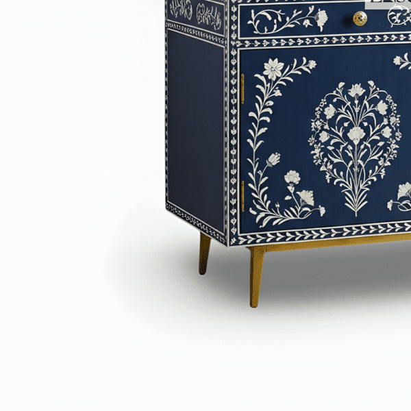 Navy Blue Floral Bone Inlay Sideboard Handcrafted Elegance with Gold Accents - Image 4