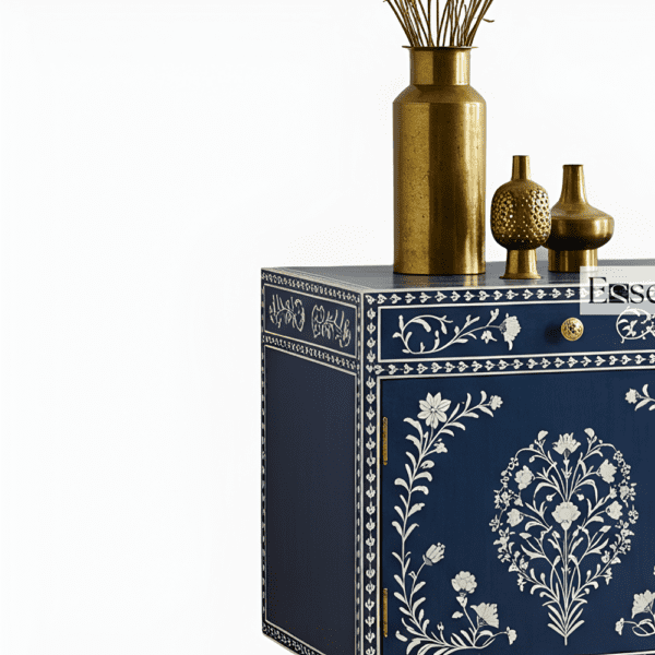 Navy Blue Floral Bone Inlay Sideboard Handcrafted Elegance with Gold Accents - Image 5
