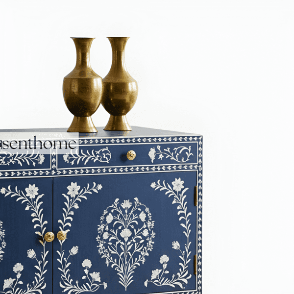 Navy Blue Floral Bone Inlay Sideboard Handcrafted Elegance with Gold Accents - Image 6
