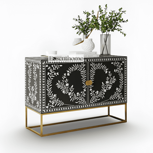 Bone Inlay Floral Pattern Bone Inlay Black and White Two Door - Image 2