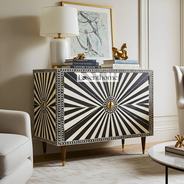 Bone Inlay Illusion Pattern Two Door Brass Metal Leg Cabinet