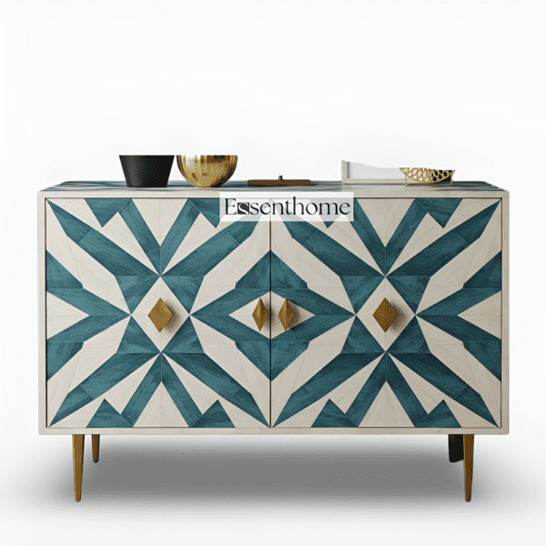 Teal and White Geometric Bone Inlay Sideboard - Image 2