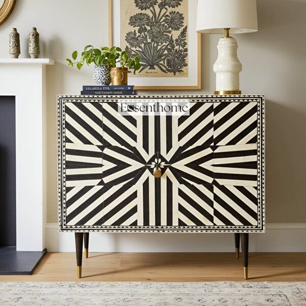 Bone Inlay Zizzak Geometric Pattern Two Door Brass Metal Leg Cabinet