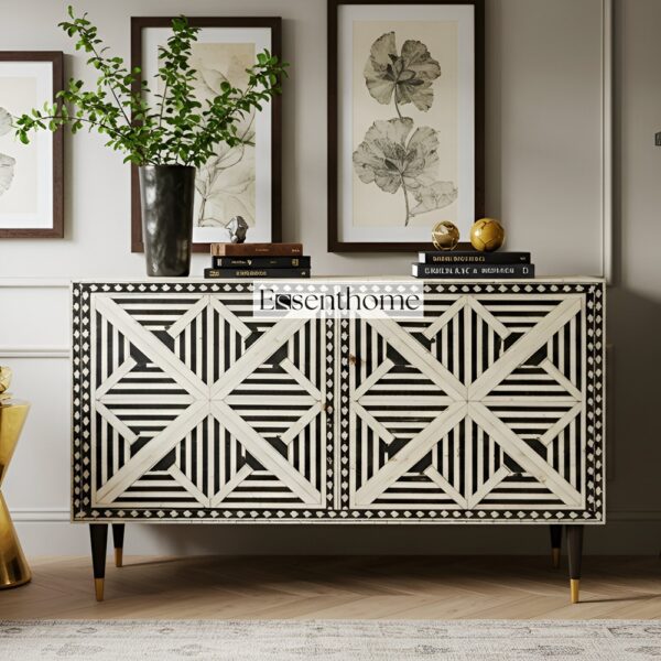 Geometric Pattern Bone Inlay Black and White Four Door Cabinet