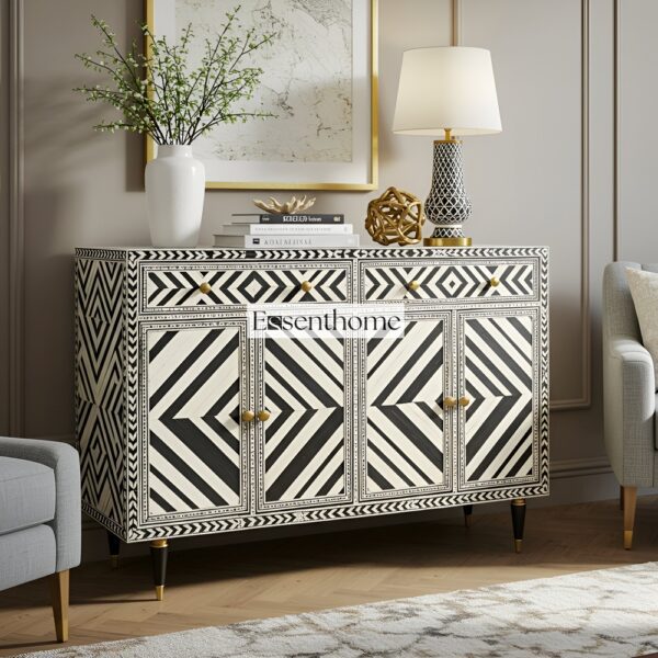 Bone Inlay Geometric Pattern Black and White Two Door and Two Drawer Cabinet