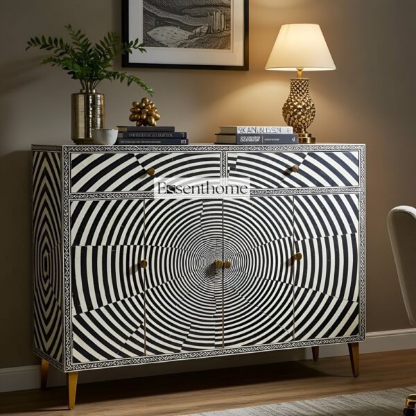 Black & White Illusion Pattern Two Door Bone Inlay Sideboard