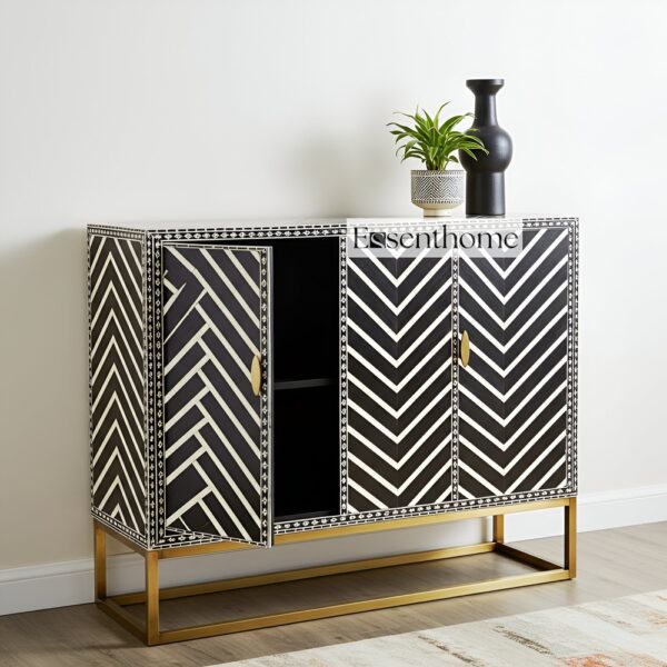 ZikZak Pattern Bone Inlay Black and White Three Door Cabinet