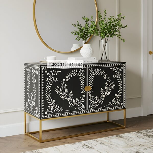 Bone Inlay Floral Pattern Bone Inlay Black and White Two Door