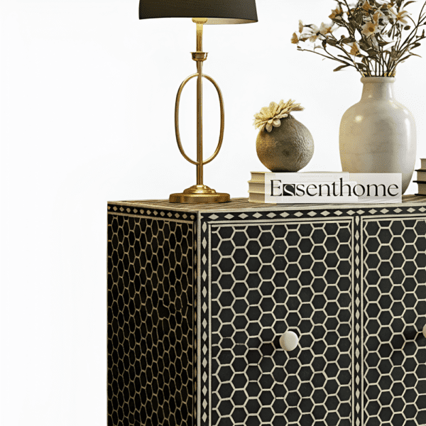Bone Inlay Honeycomb Pattern  Black and White Three Door Cabinet - Image 3