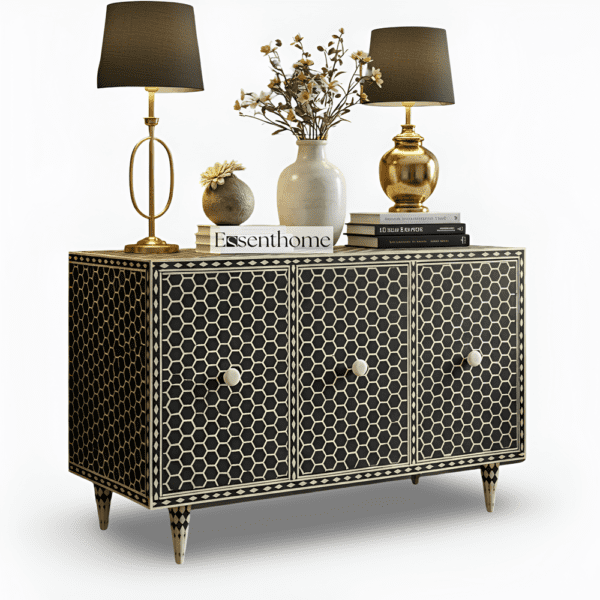 Bone Inlay Honeycomb Pattern  Black and White Three Door Cabinet - Image 2