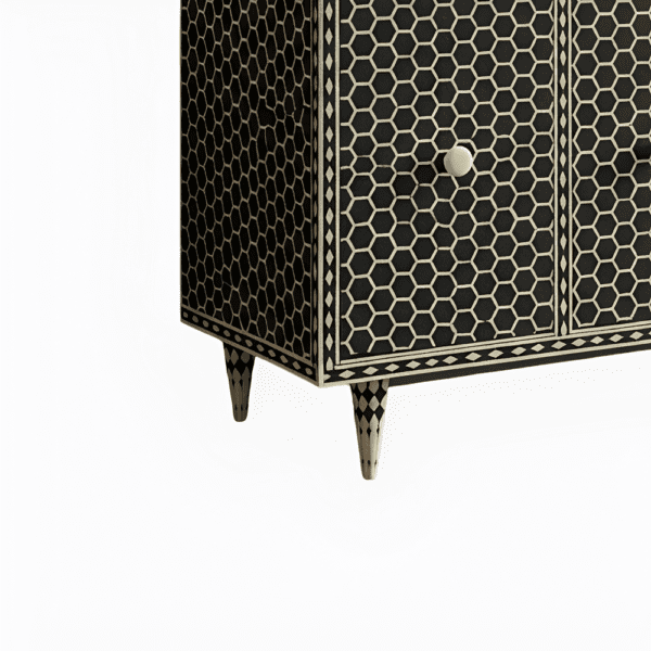 Bone Inlay Honeycomb Pattern  Black and White Three Door Cabinet - Image 5