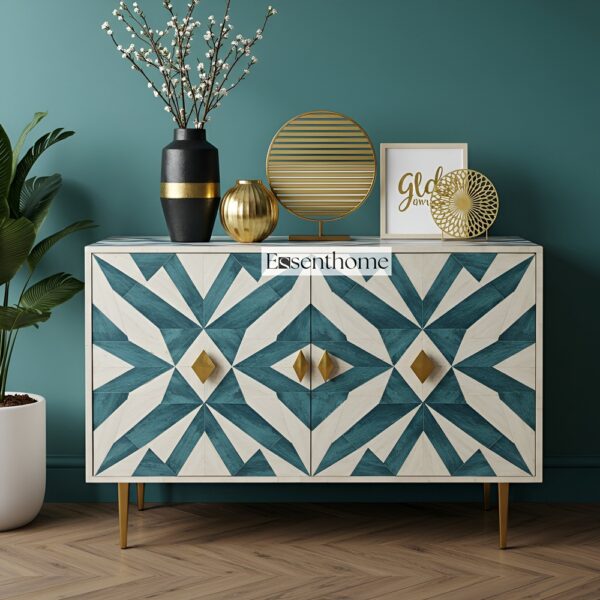Teal and White Geometric Bone Inlay Sideboard