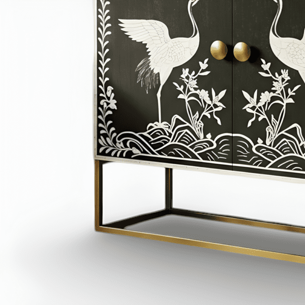 Bone Inlay Feather Pattern Two Door Brass Metal Leg Cabinet - Image 3