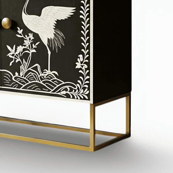 Bone Inlay Feather Pattern Two Door Brass Metal Leg Cabinet - Image 4